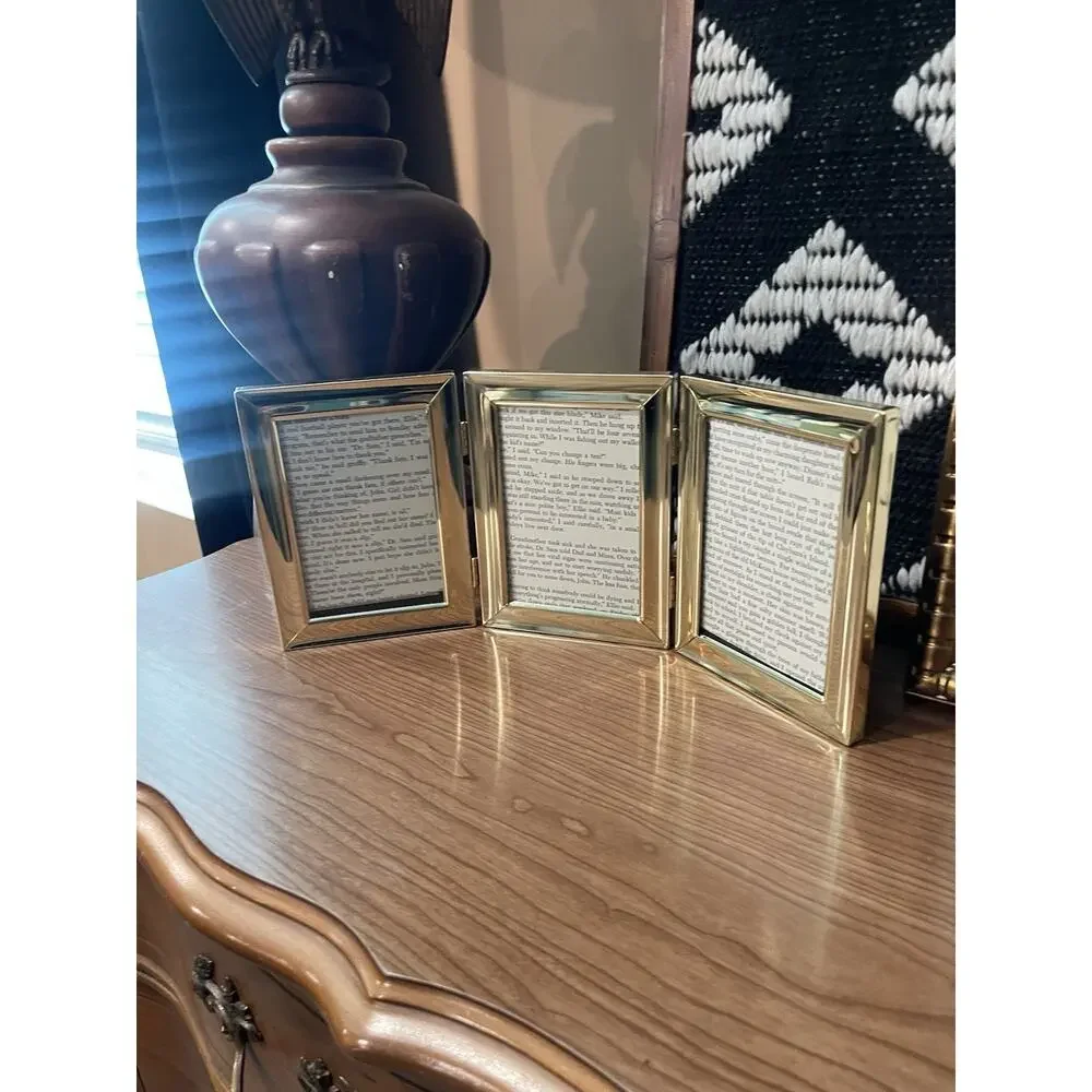 Vintage Gold Metal Tri-Fold Picture Frame | Holds Three 3x5 Photos | Minimalist
